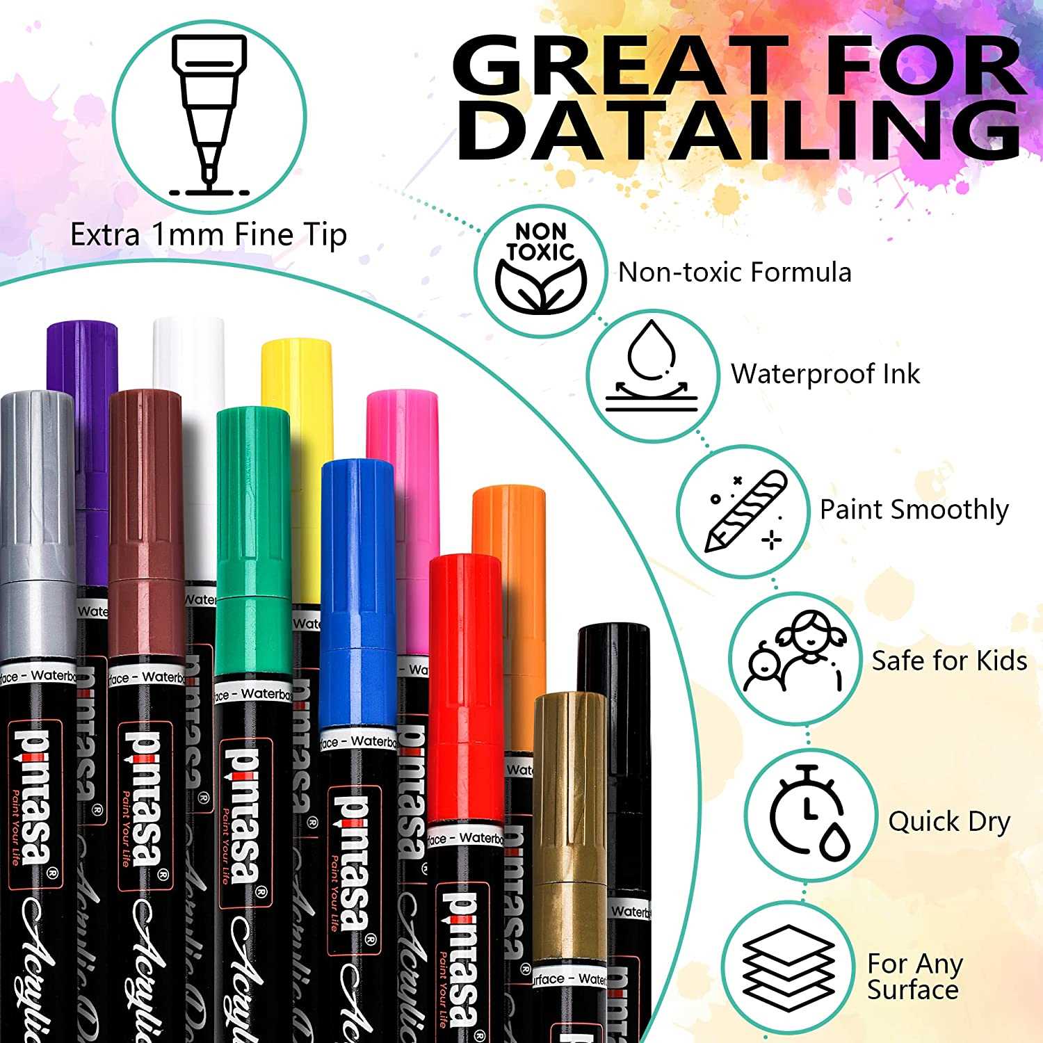 Extra Fine Tip metallic markers - Set of 12 metallic marker pens